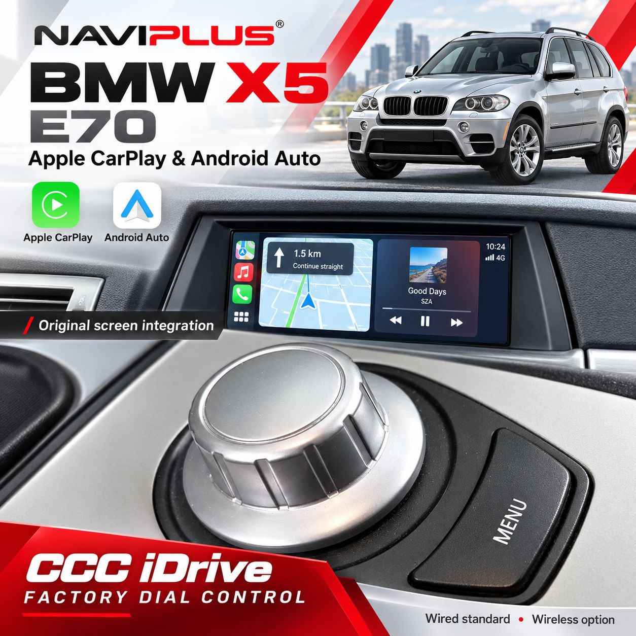 BMW X5 E70 CCC iDrive Dial Apple CarPlay &amp; Android Auto Integration 2006–2010