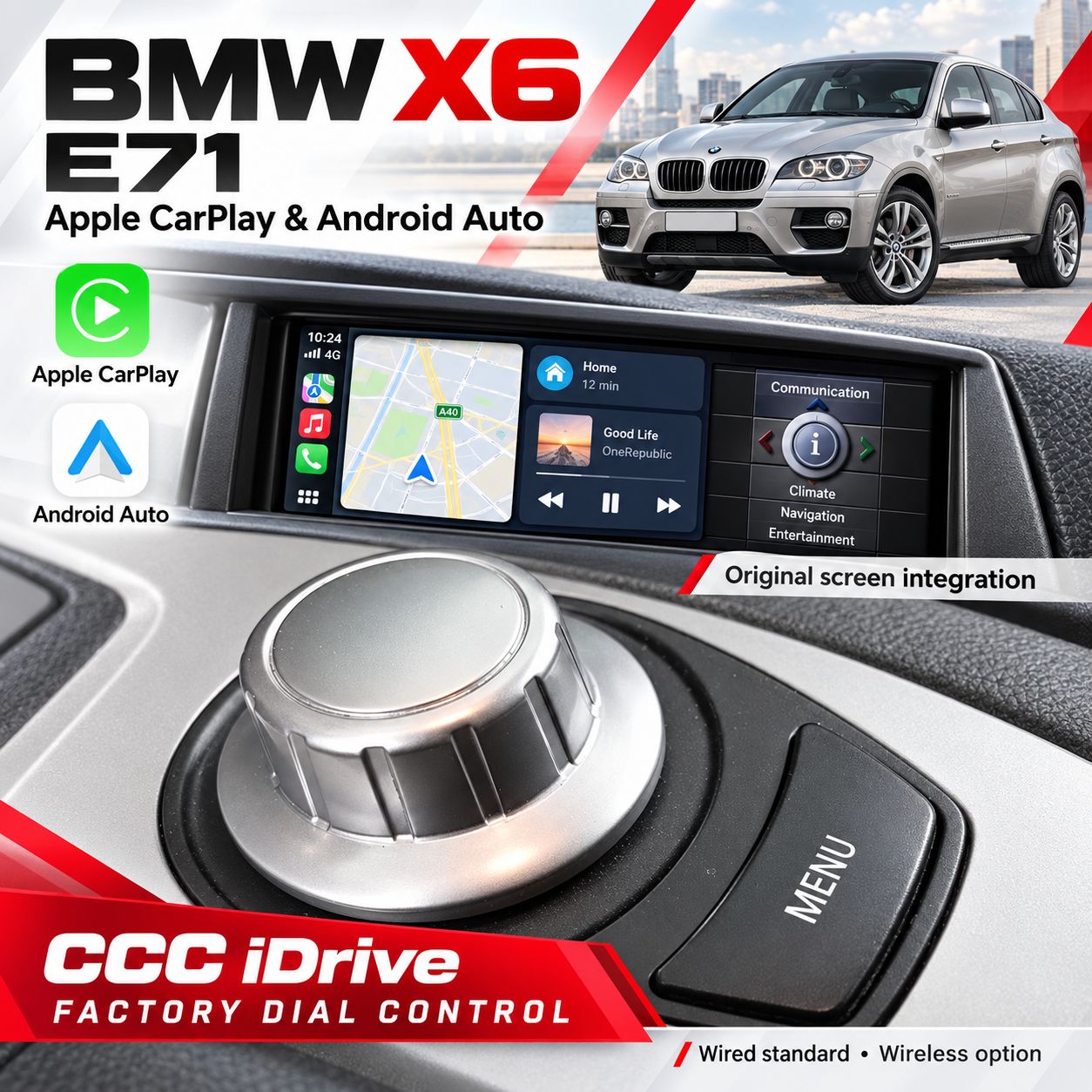 BMW X6 E71 CCC iDrive Dial Apple CarPlay &amp; Android Auto Integration