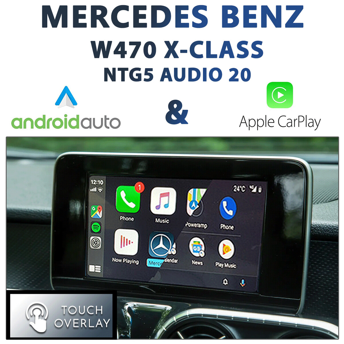 Mercedes-Benz W470 X-Class with seamless Apple CarPlay and Android Auto integration, featuring a touchscreen overlay