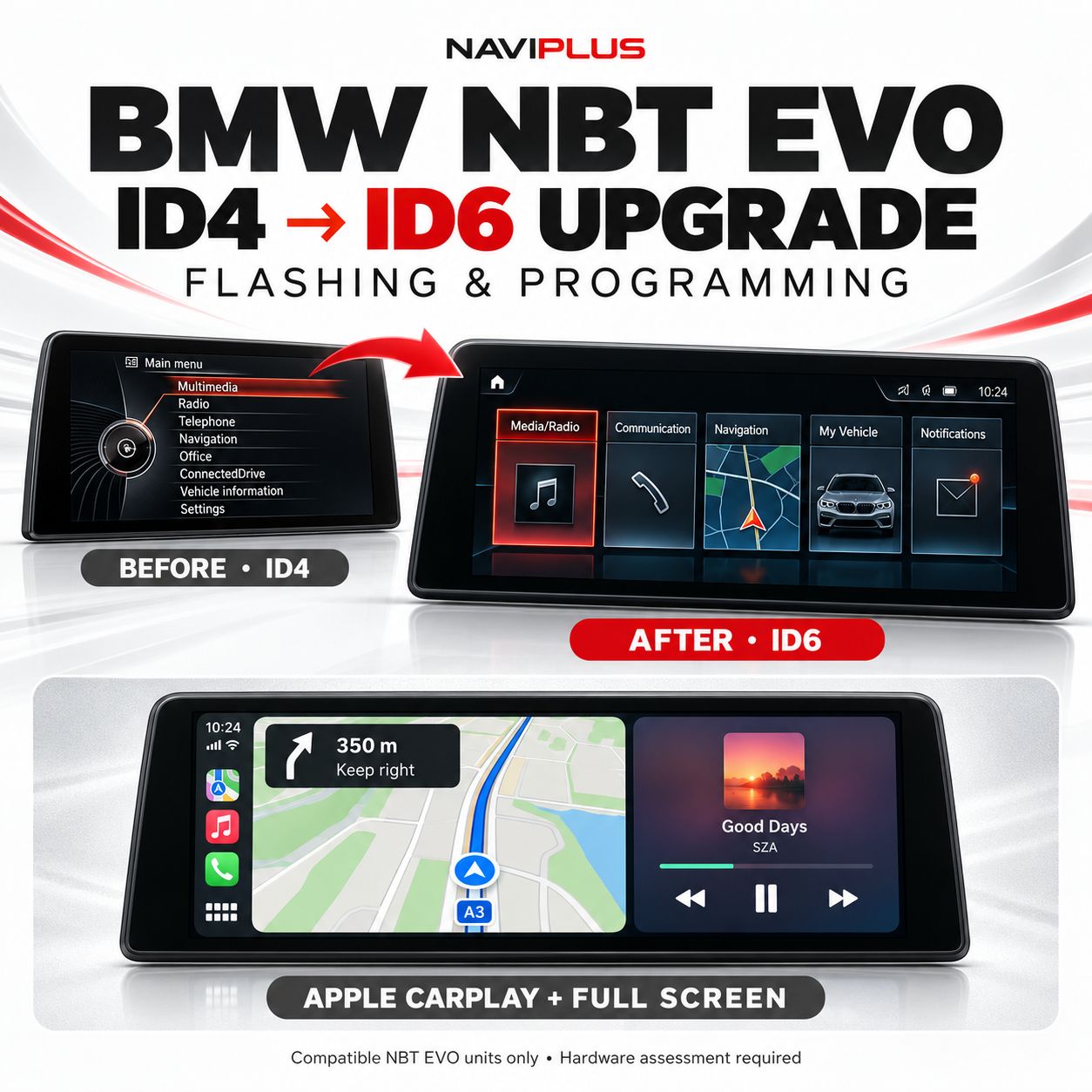 BMW NBT EVO ID4 to ID6 programming upgrade with Apple CarPlay and full-screen activation
