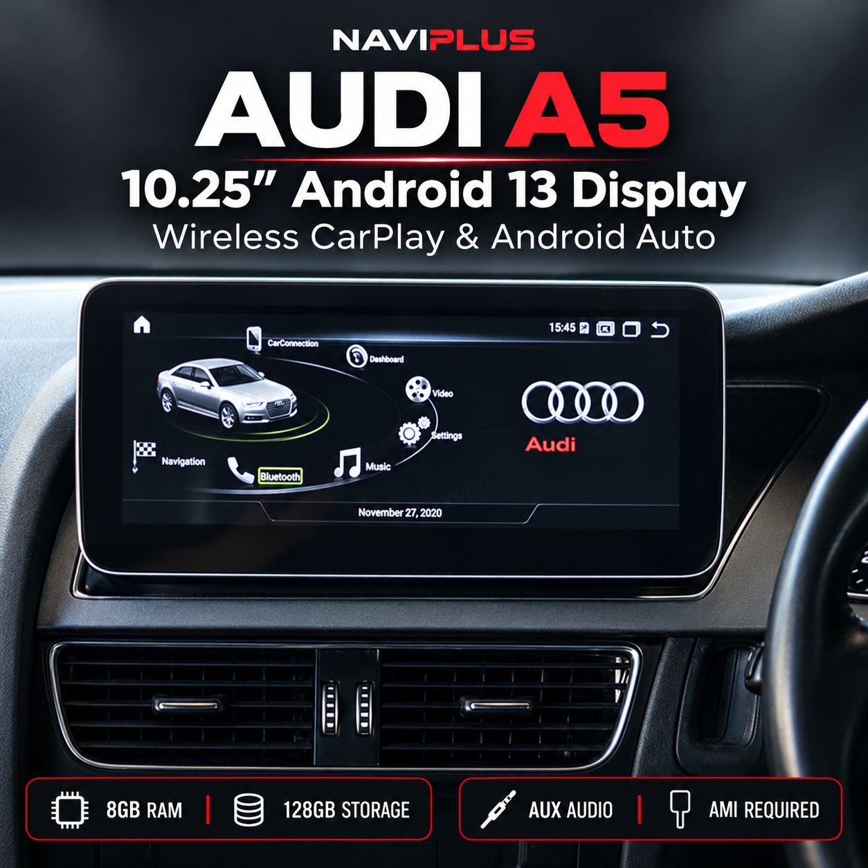 Audi A5 2009–2016 3G MMI 10.25″ Android 13 Display | Wireless CarPlay &amp; Android Auto