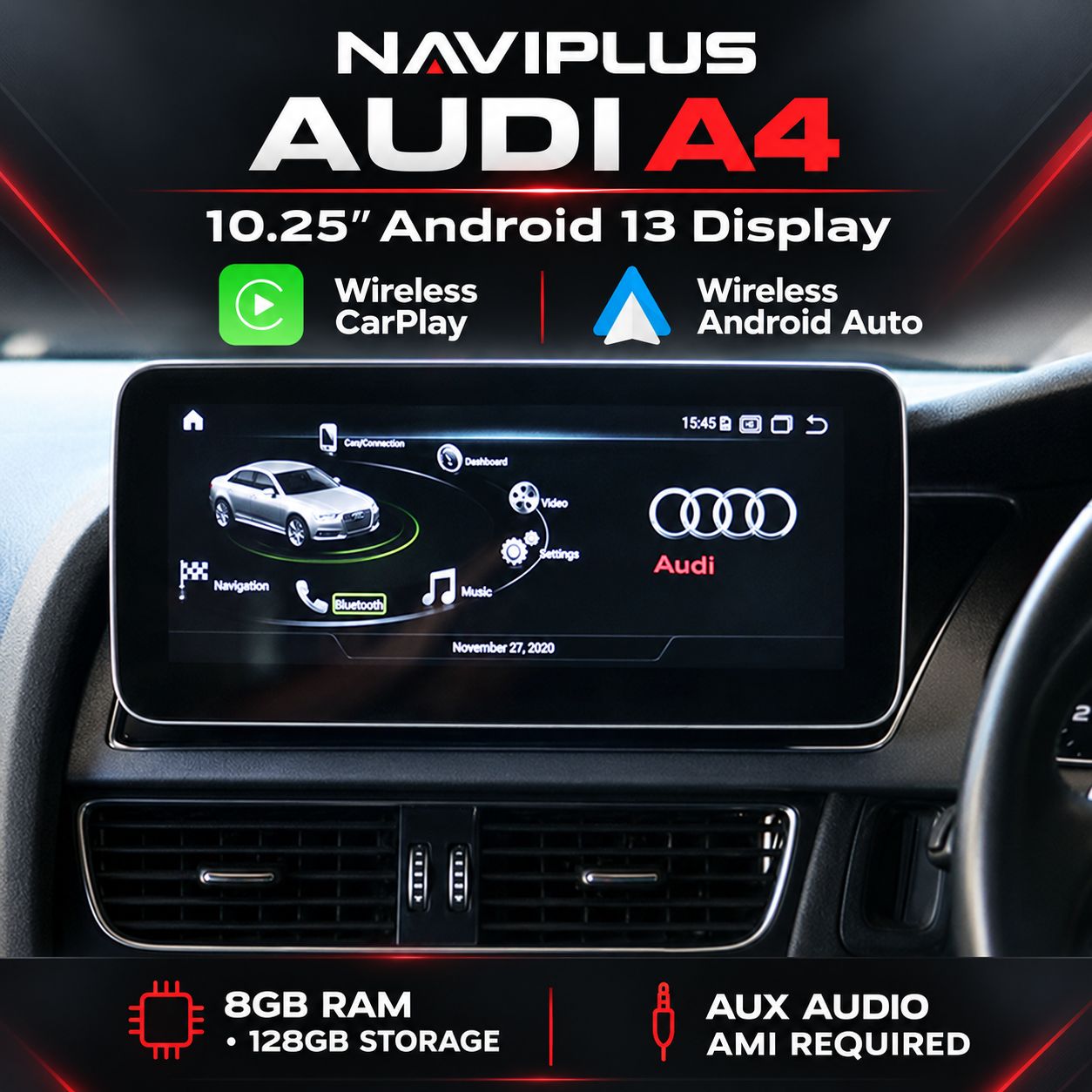 Audi A4 2009–2016 3G MMI 10.25″ Android 13 Display | Wireless CarPlay &amp; Android Auto