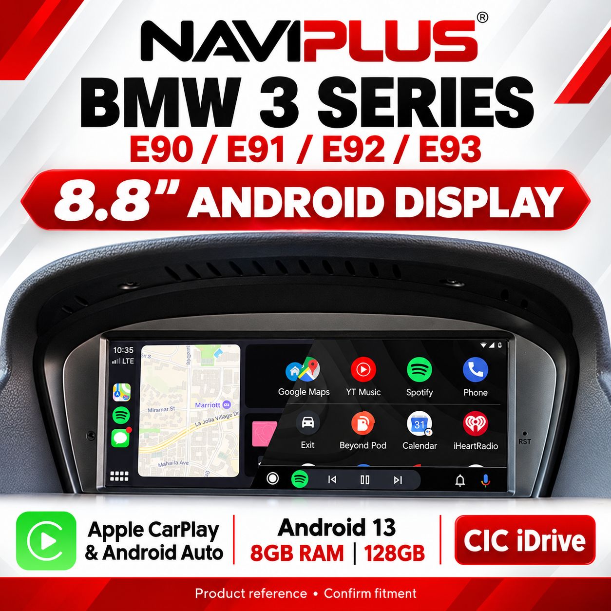 BMW 3 Series E90 / E91 / E92 / E93 8.8″ Android 13 Display with Apple CarPlay &amp; Android Auto — CIC iDrive 2009–2010