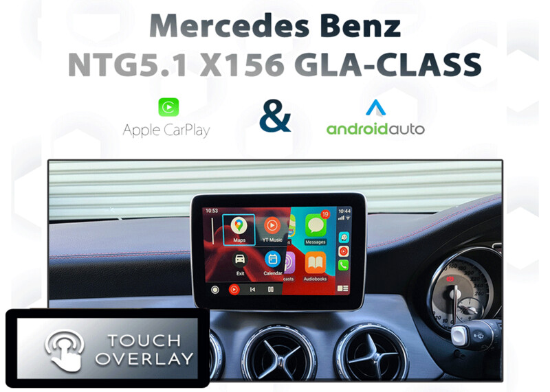 Mercedes-Benz GLA-Class (X156) with Apple CarPlay and Android Auto integration, featuring a touchscreen overlay