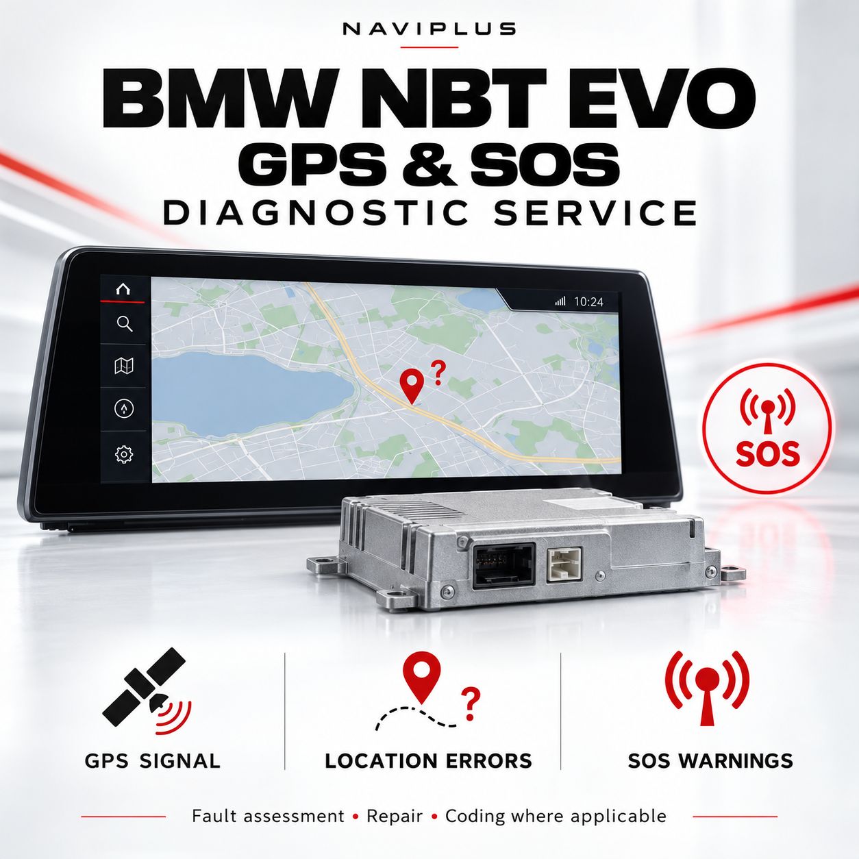 BMW NBT EVO GPS signal loss, navigation location error and SOS warning diagnostic service by Naviplus