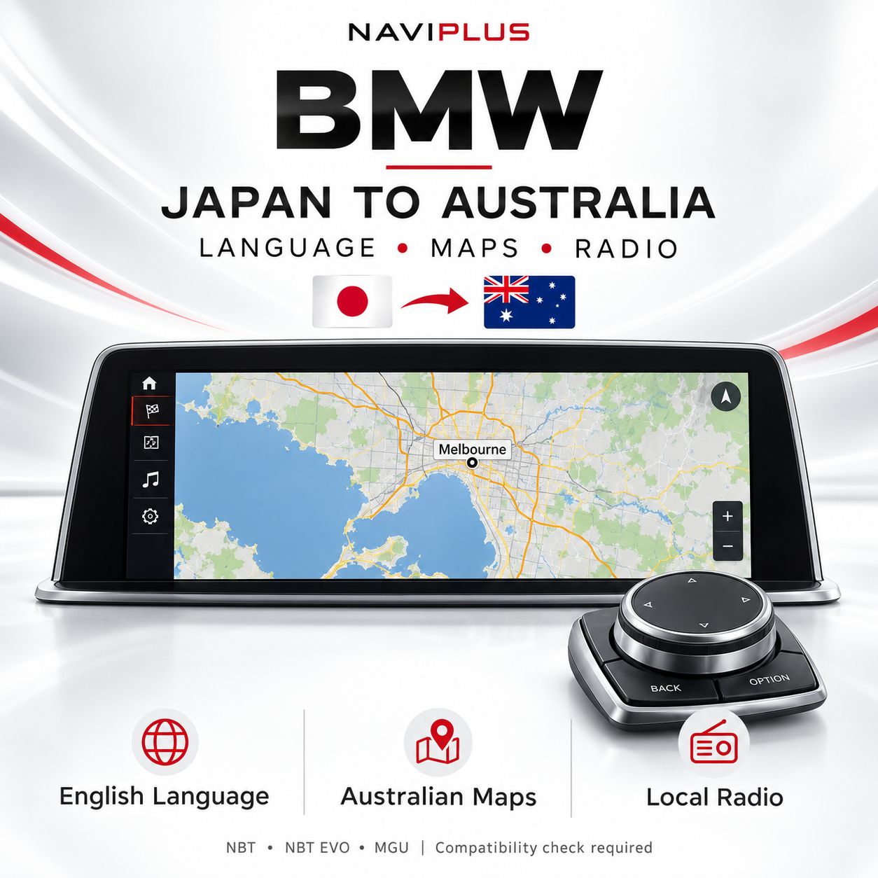 BMW Japanese import to Australian navigation maps, English language and radio frequency conversion by Naviplus