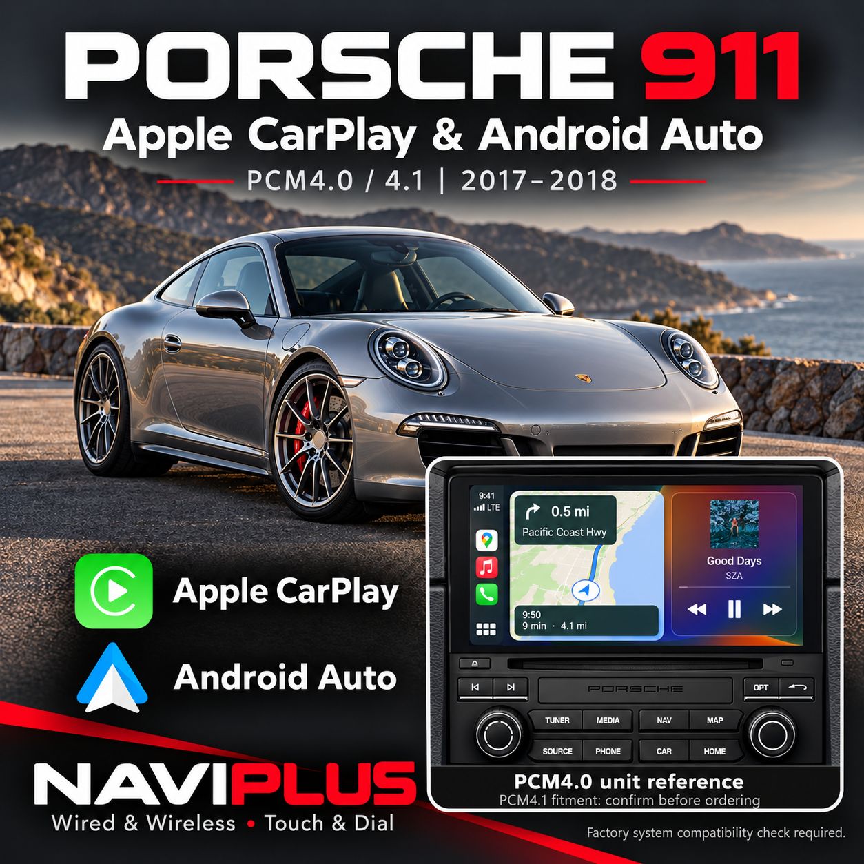 Porsche 911 PCM4.0 / PCM4.1 Apple CarPlay &amp; Android Auto Integration 2017–2018