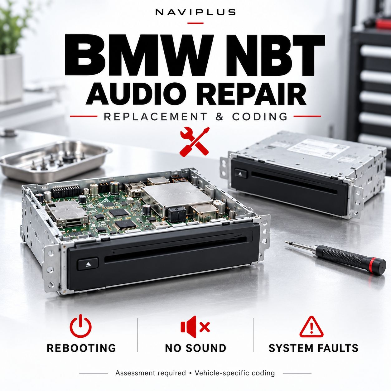 BMW NBT iDrive audio head unit repair, replacement and vehicle coding service by Naviplus