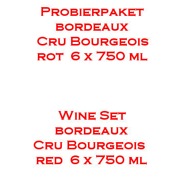 Probierpaket Bordeaux rot Cru Bourgeois 6 x 750ml Flaschen Rotwein Probierpaket Bordeaux rot Cru Bourgeois 6 x 750ml Flaschen Rotwein