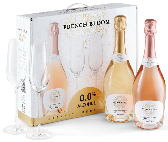 FRENCH BLOOM Starter-Box mit Le Rose & Le Blanc Bio Sekt ohne Alkohol (alkoholfrei) & 2 Gläser