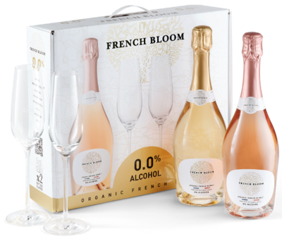 FRENCH BLOOM Starter-Box mit Le Rose & Le Blanc Bio Sekt ohne Alkohol & 2 Gläser