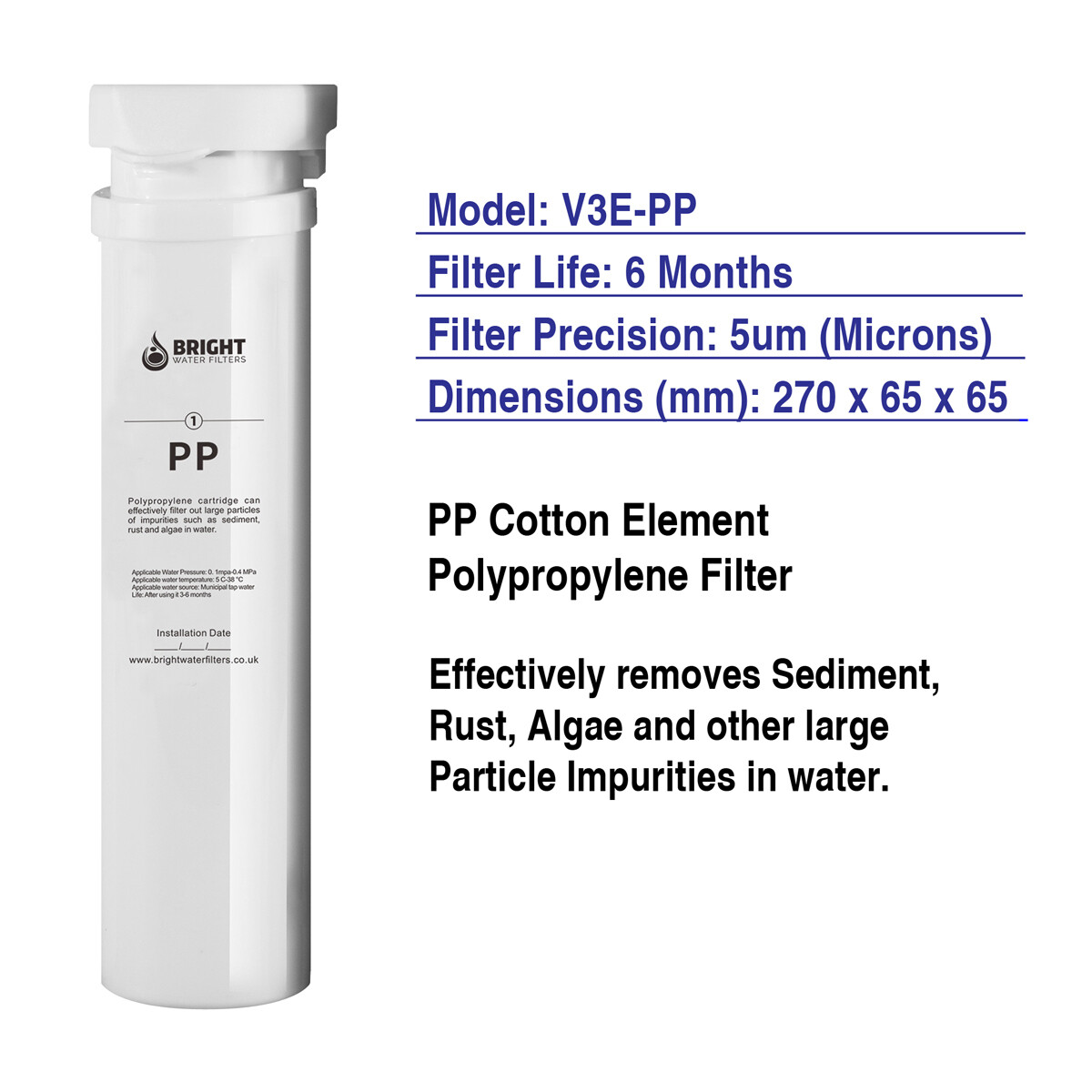 Image showing technical specs of V3E-PP filter