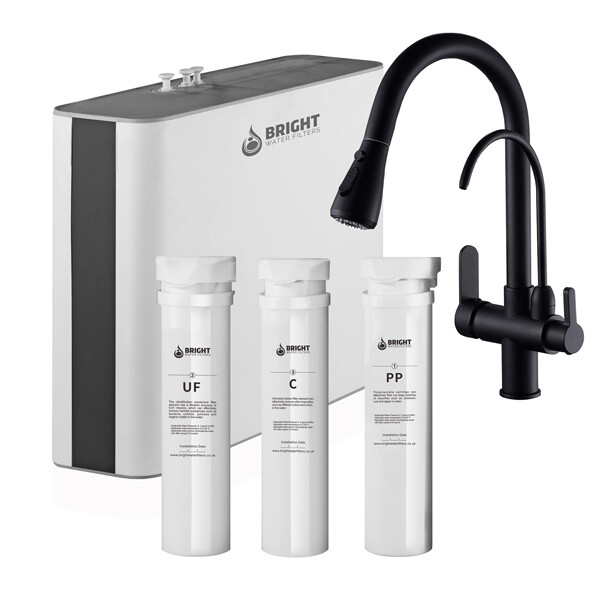 Bundle Offer : Under-sink V-3E Bright Water Filter with 3-Way Water Tap Black Bright Water Filters - V-3E System with Black Tap and showing 3 filter cartridges