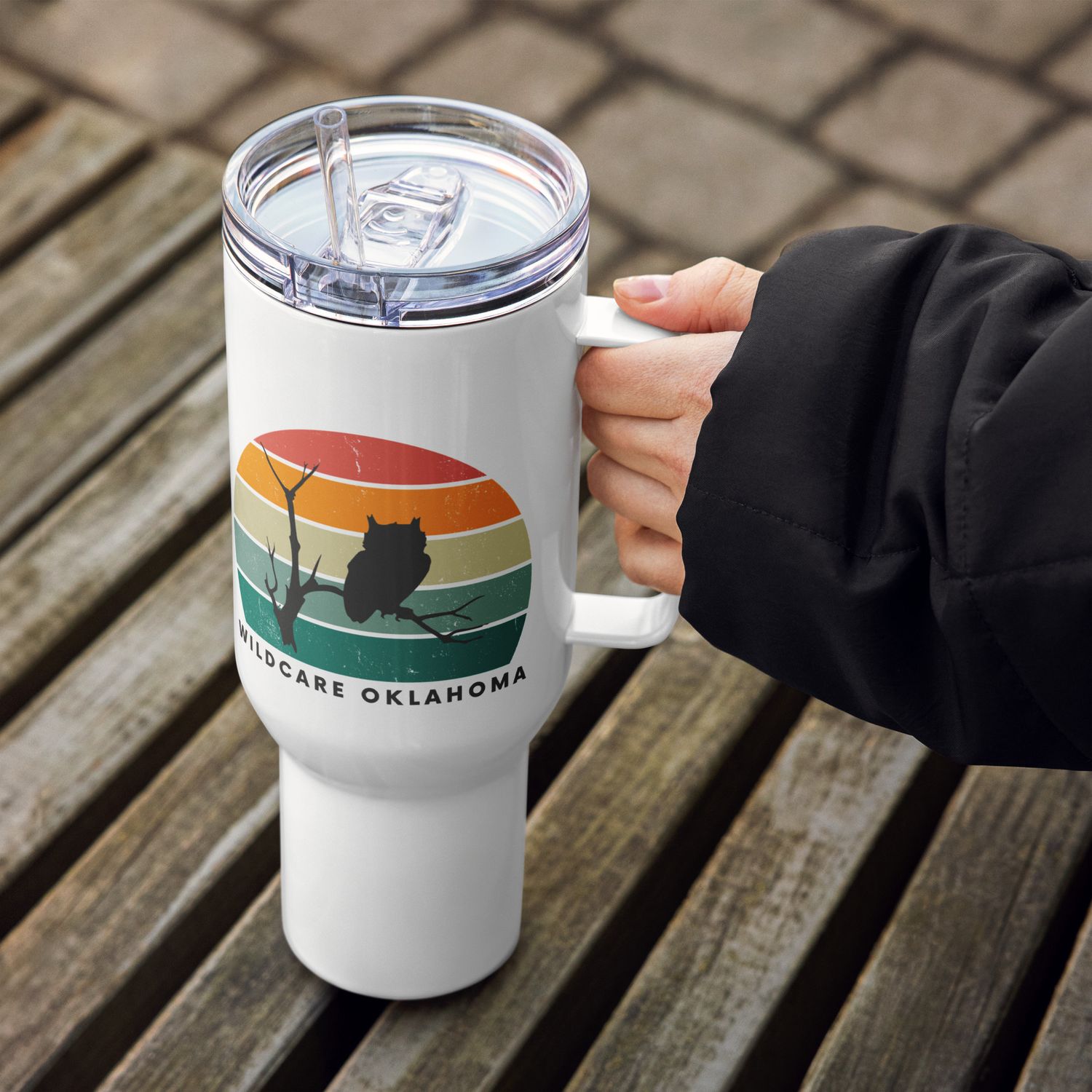 Travel mug with a handle: Sunset Owl