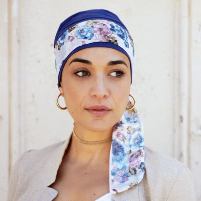 TURBANTE LEONESSA SALIN  BLU CON FASCIA A FIORI