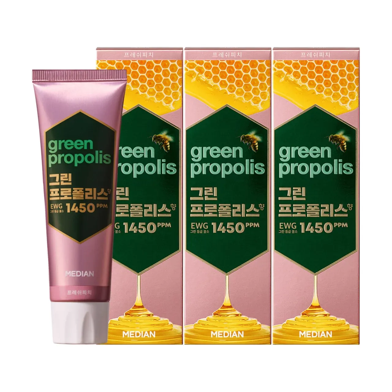 Median Green Propolis Toothpaste (Peach) (100G*3) 🐝 MEDIAN Green Propolis – Паста с зелёным прополисом 1450 ppm Натуральная защита для чувствительных дёсен и полости рта.