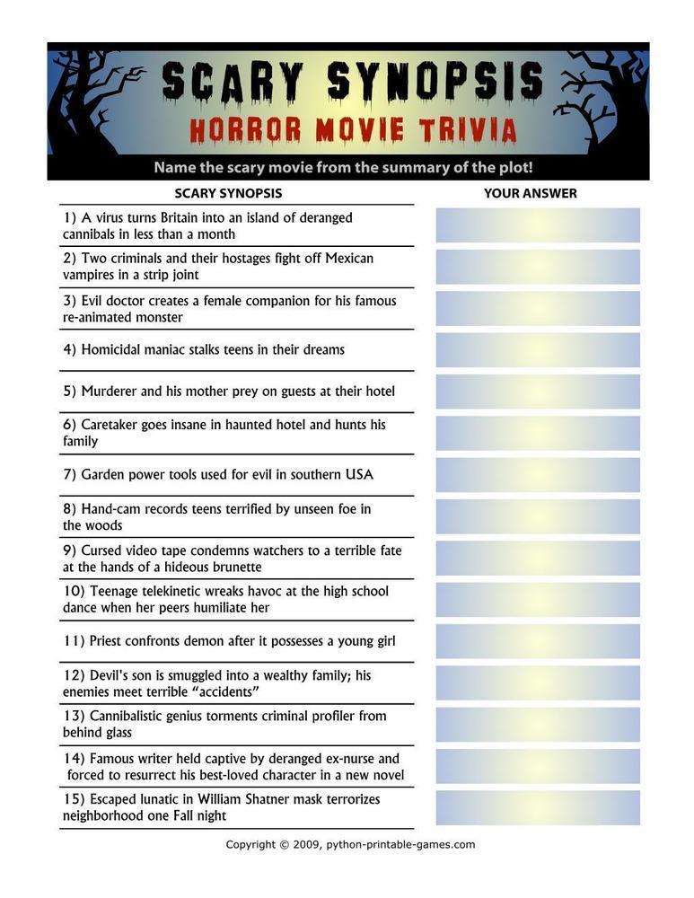 Pop Culture Games Scary Synopsis Horror Movie Trivia