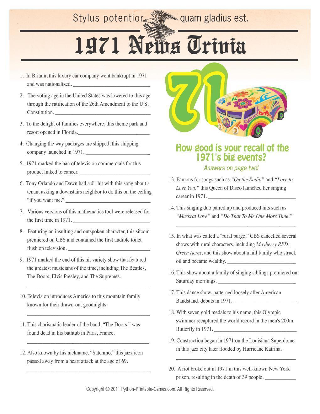 1971 Birthday Pack Free Party Games