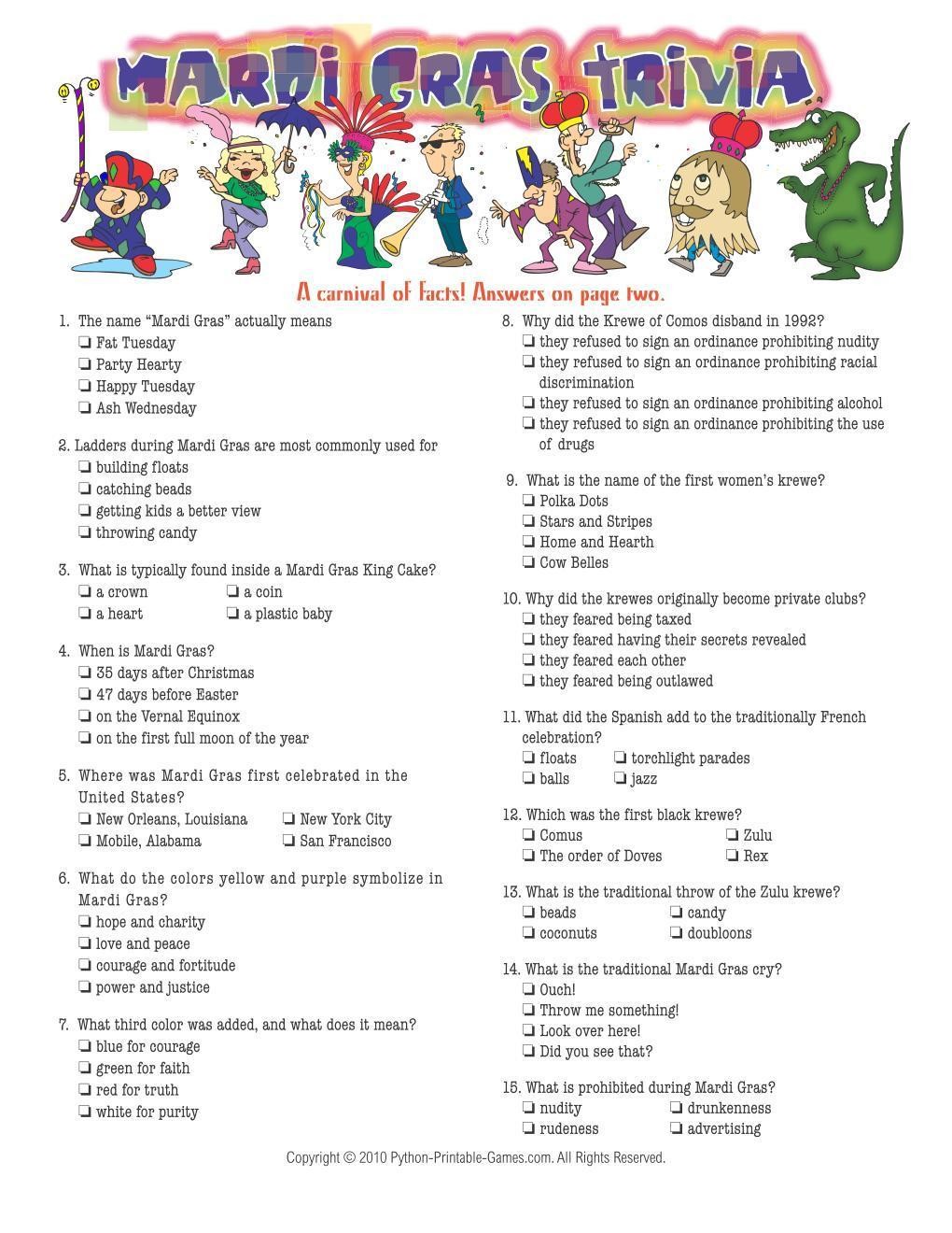 Free Printable Mardi Gras Trivia Questions And Answers Quiz Questions And Answers