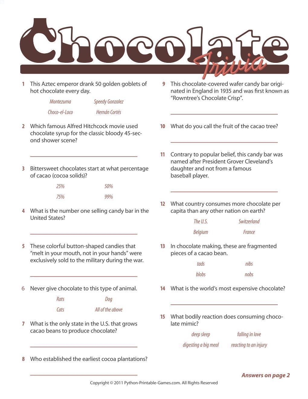 Foods Drinks Games Chocolate Trivia Game