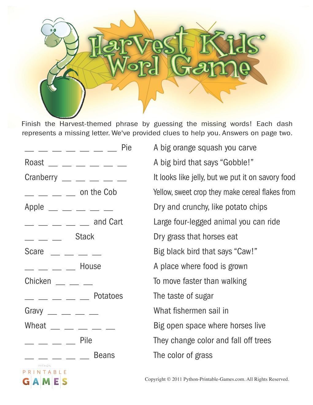 fall harvest kids word game