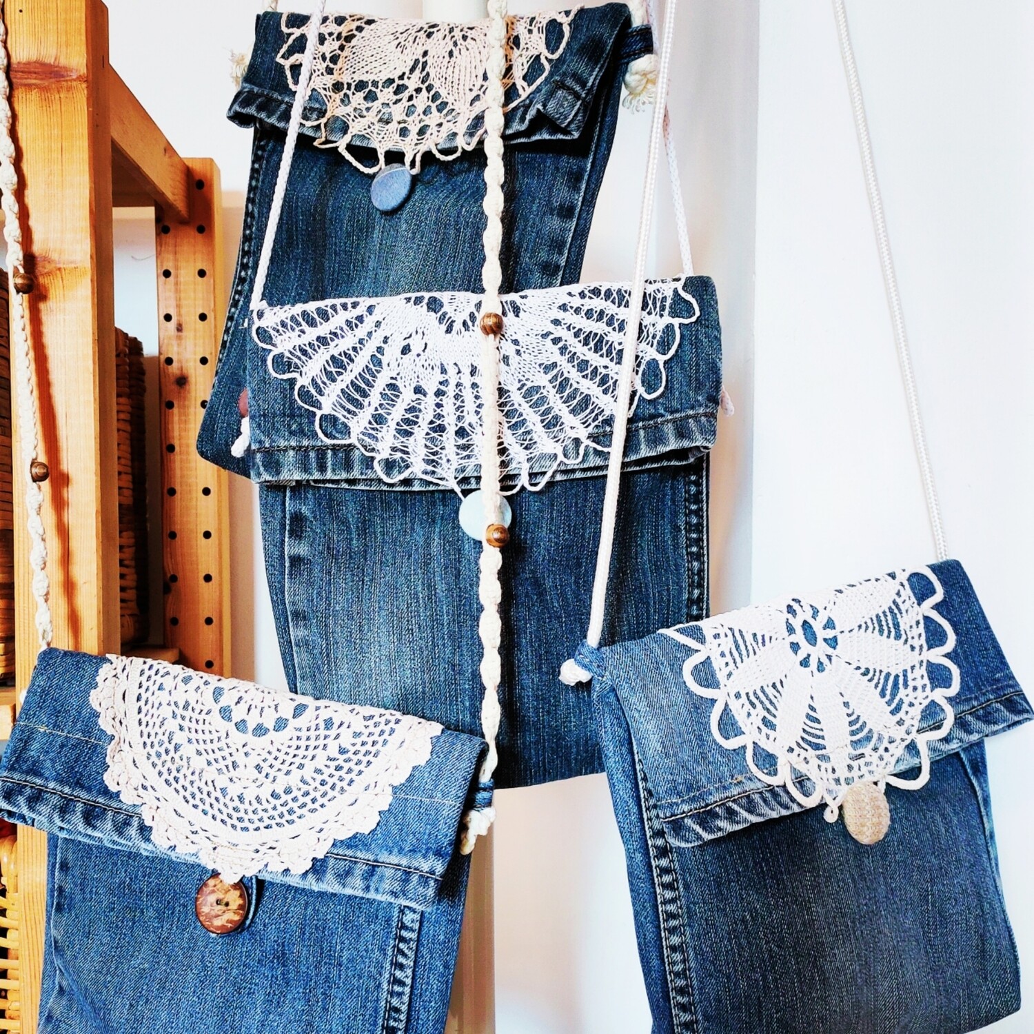 Brustbeutel Foldover kleine Jeanstasche Handtasche Spitzendeckchen