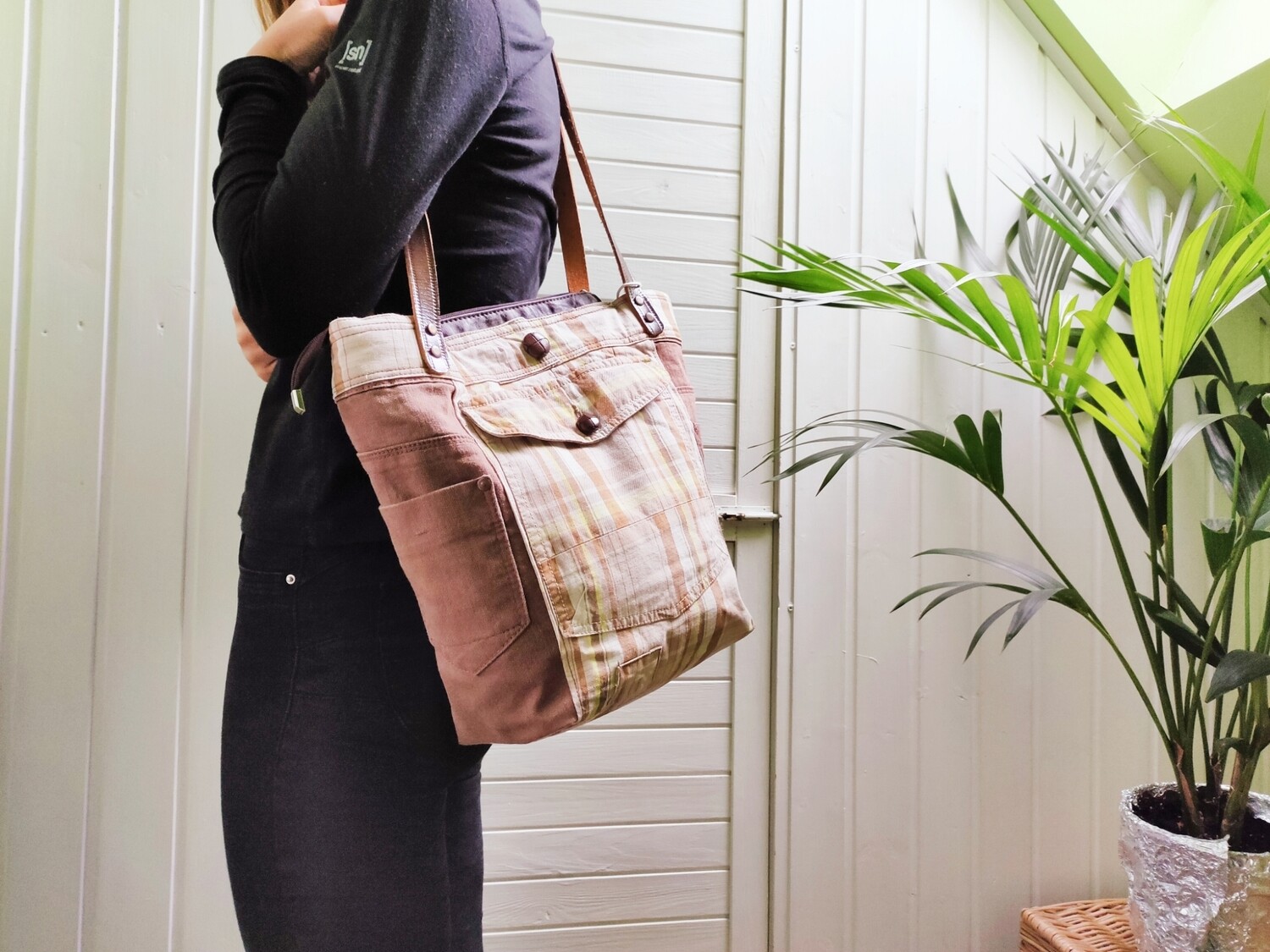Henkeltasche Handtasche Shopper Karomuster Ledergurte