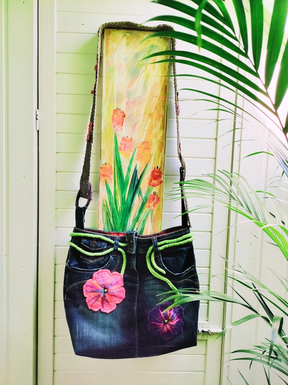 Umhängetasche Blumen Jeans Leder