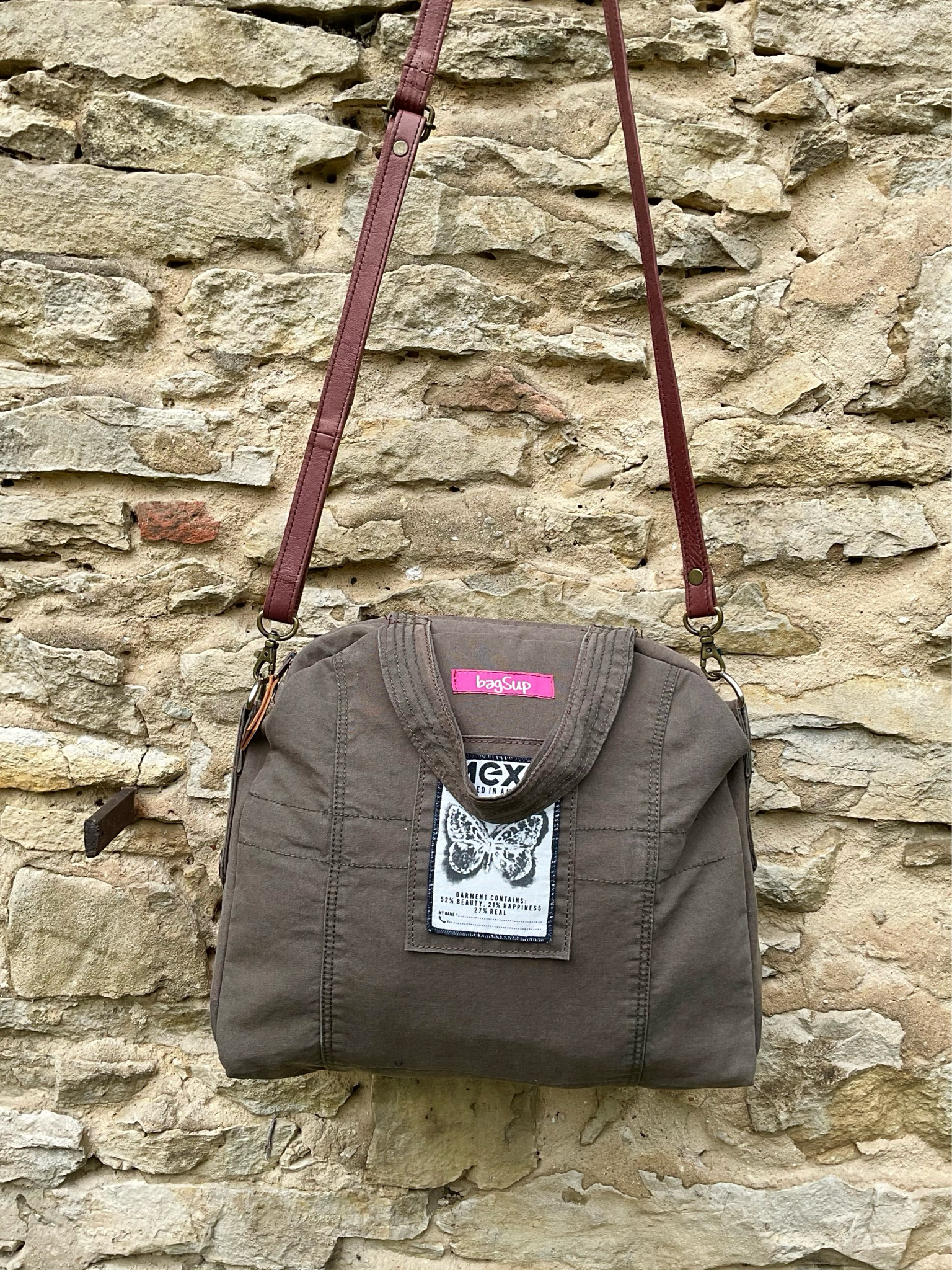 Canvas Handtasche mit Echtleder Gurt