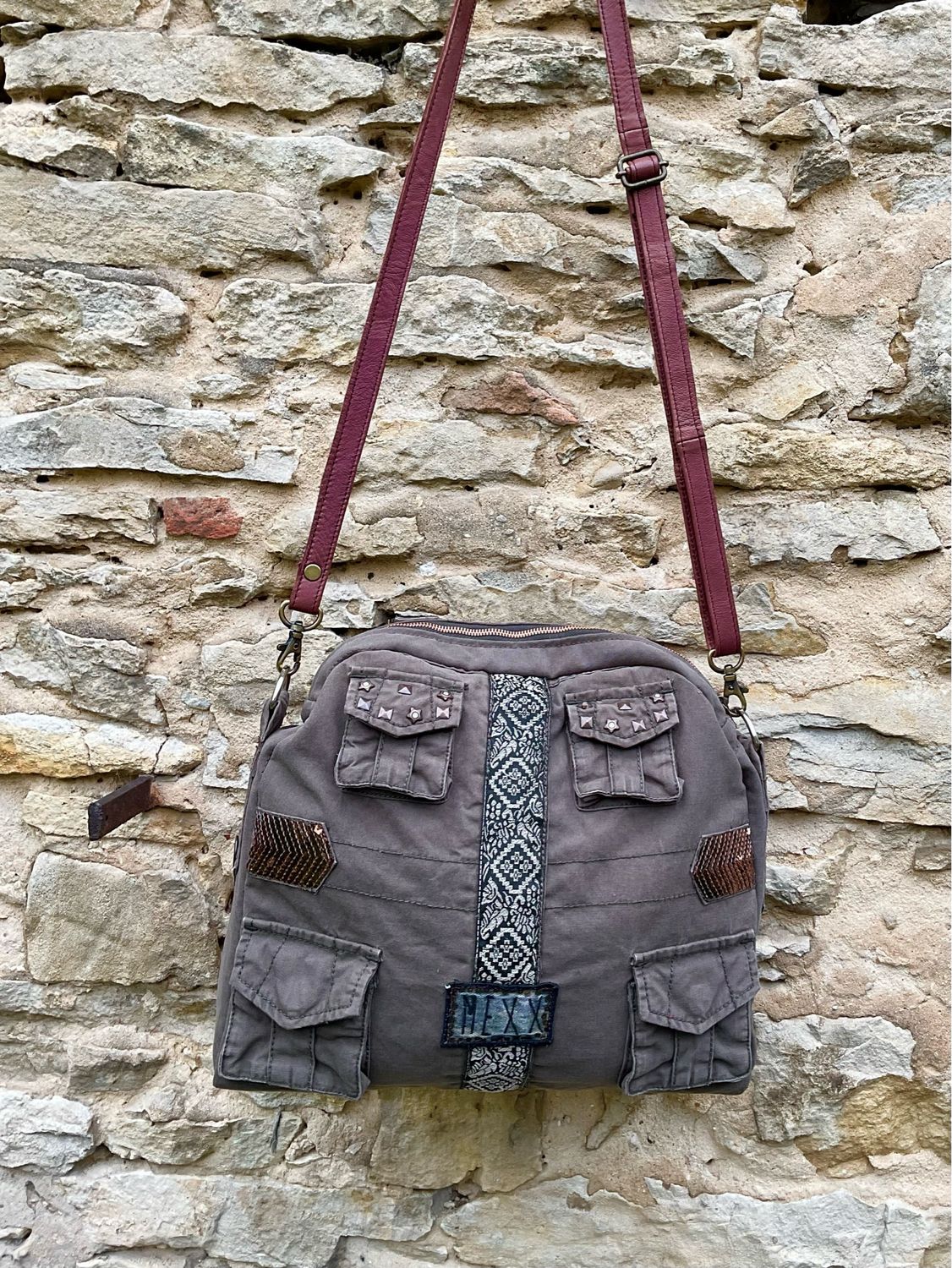 Canvas Handtasche mit Echtleder Gurt