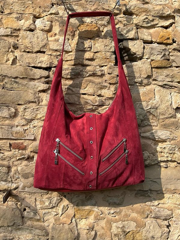 Hobo Bag weiche Ledertasche rot mit Reißverschluss