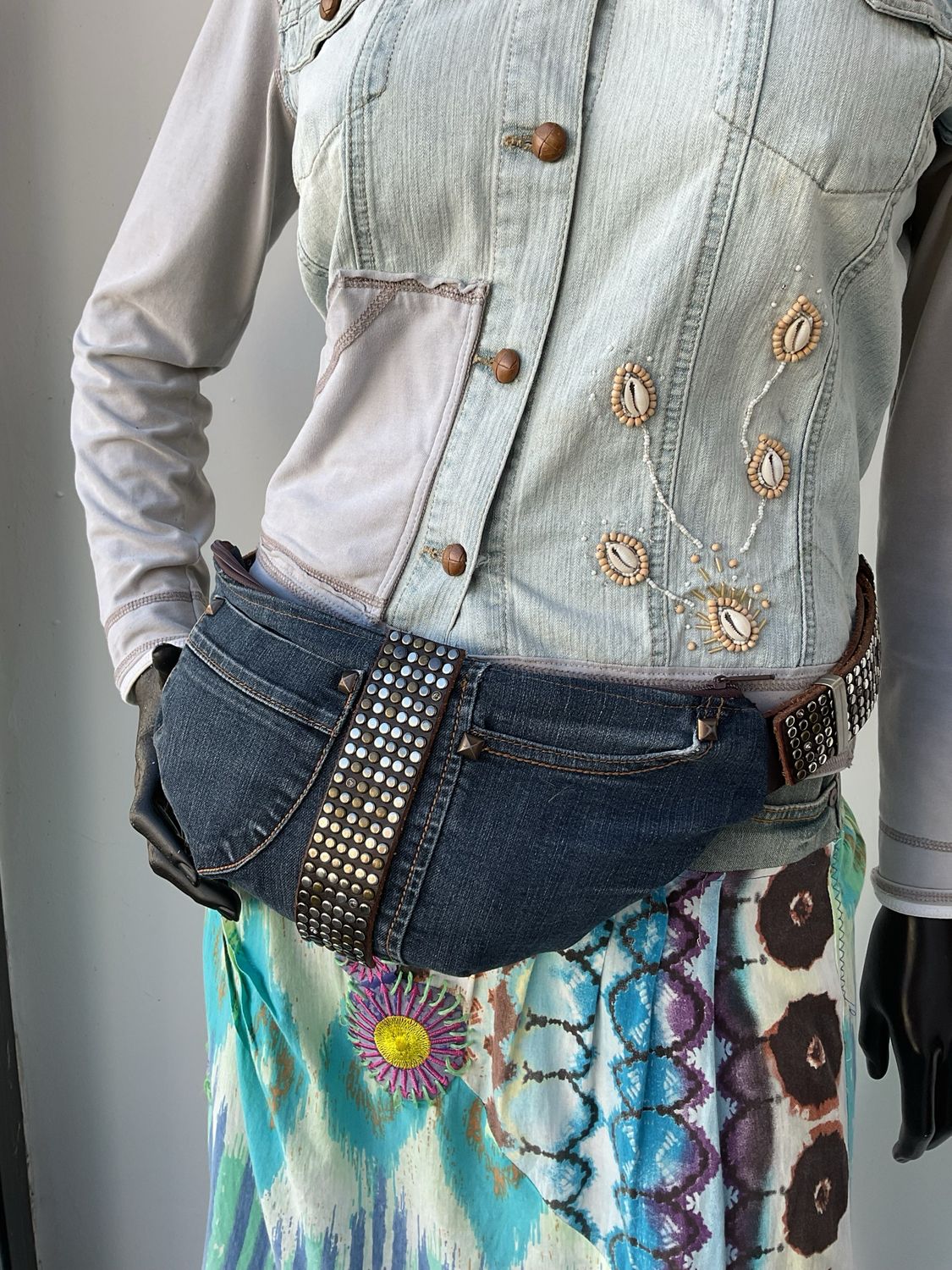 Bauchtasche Jeans Leder Nieten