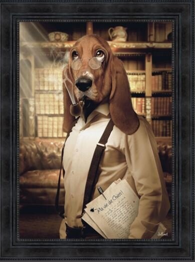 TABLEAU SLVAIN BINET "le chien basset dans la bibliothèque"