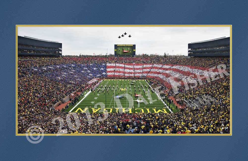 Jets Flying over Michigan Stadium with Fan Flag w/Blue Printed Mat