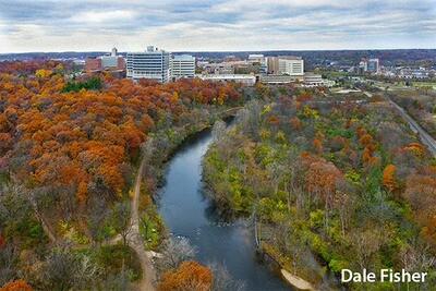 #540 University of Michigan Hospital and Huron River in the fall-