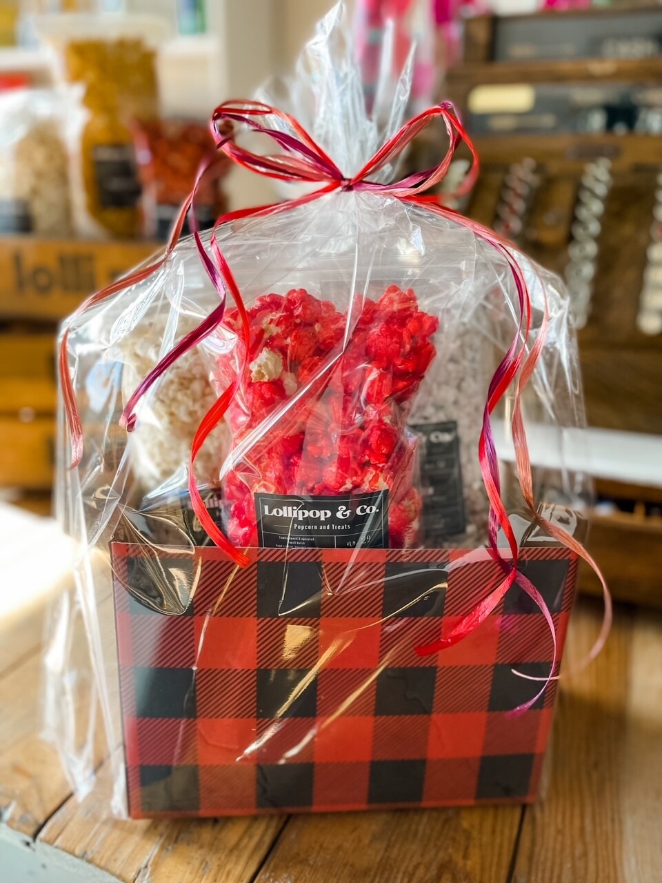 Red Buffalo Plaid Gift Box w/3 Bags Popcorn