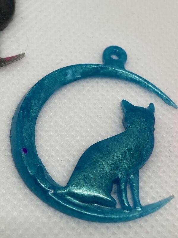 Teal Crescent Moon and Cat Pendant necklace