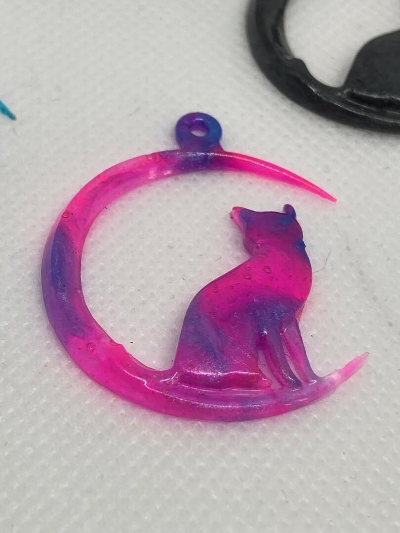 Pink/Purple Crescent Moon and Cat Pendant necklace