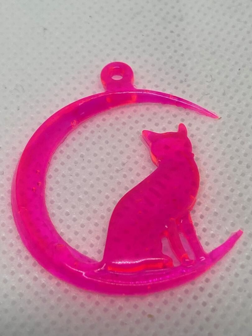 Bright Pink Crescent Moon and Cat Pendant necklace