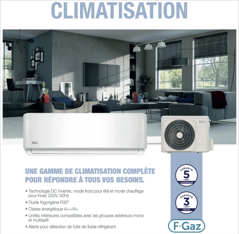 Ensemble Pompe à chaleur Air/air réversible monosplit 2,5 kW Altech (Groupe Saint-Gobain) livré installé sous conditions.