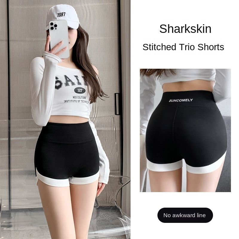 High Waist Contrast Stitching Yoga Shorts, Color: black, Size: M【70-100catty】