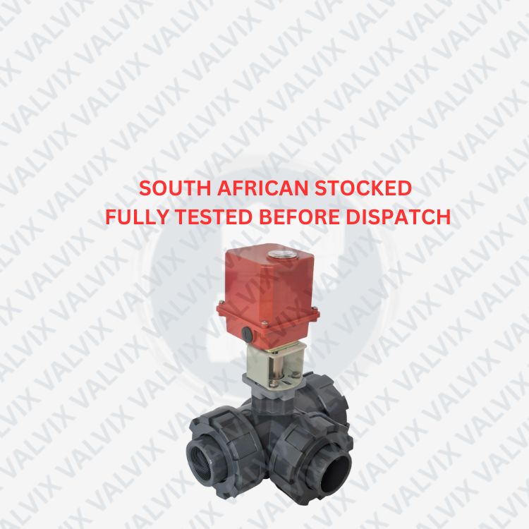3 Way PVC Swimming Pool Valve T-Port - 63mm OD Pipe (Glue fitting), 50mm Ball Orifice  - Basic On/Off Actuator