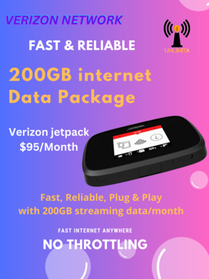 Jet-pack hotspot with 200GB Data Sim - Verizon network