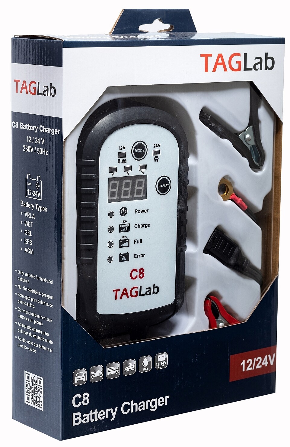 TAGLab C8 Battery Charger with Display - 12V / 24V Smart Charger / Maintainer - Car Bike Suv Truck