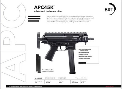 BT-36044-K - B&amp;T APC45K PRO-Cal. .45, Telescoping Stock SBR (NFA Item) $30 Shipping