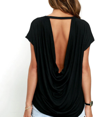 Casual Short Sleeve Open Back T-shirt in Black and White