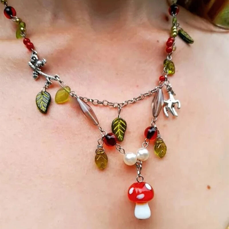 Mushroom Cottage core Beaded Necklace