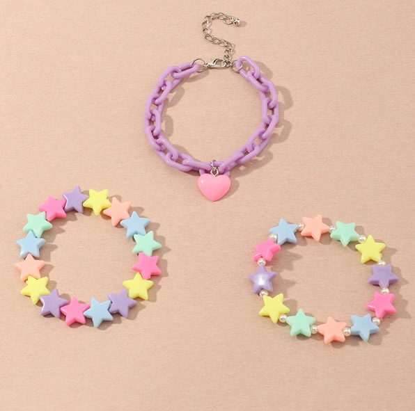 Kawaii Rainbow Stars and Hearts 3 Pieces Bracelet Set