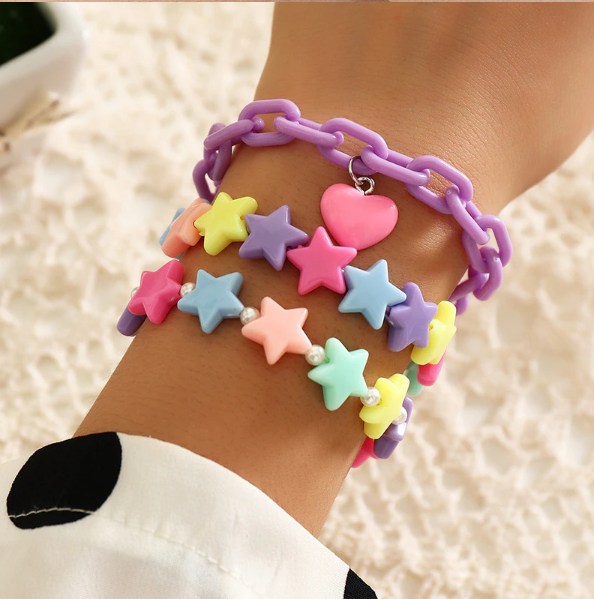Kawaii Rainbow Stars and Hearts 3 Pieces Bracelet Set
