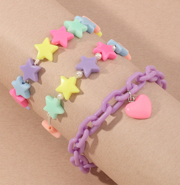 Kawaii Rainbow Stars and Hearts 3 Pieces Bracelet Set